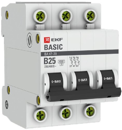 Выключатель автоматический EKF Basic ВА47-29 3п 25А B 4.5кА картинка